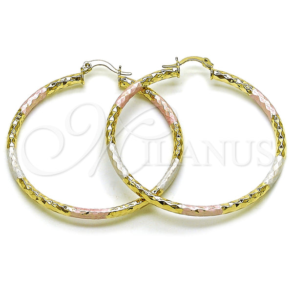 Gold Filled Hoop Earrings — Large Hoop Hollow Design Diamond Cutting Tricolor 02. — main product view — SKU 163215 | Oro Laminado aretes de aro — Large Hoop Hollow diseño Diamond Cutting Tricolor 02. — SKU 163215