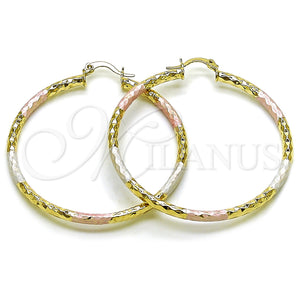 Gold Filled Hoop Earrings — Large Hoop Hollow Design Diamond Cutting Tricolor 02. — main product view — SKU 163215 | Oro Laminado aretes de aro — Large Hoop Hollow diseño Diamond Cutting Tricolor 02. — SKU 163215