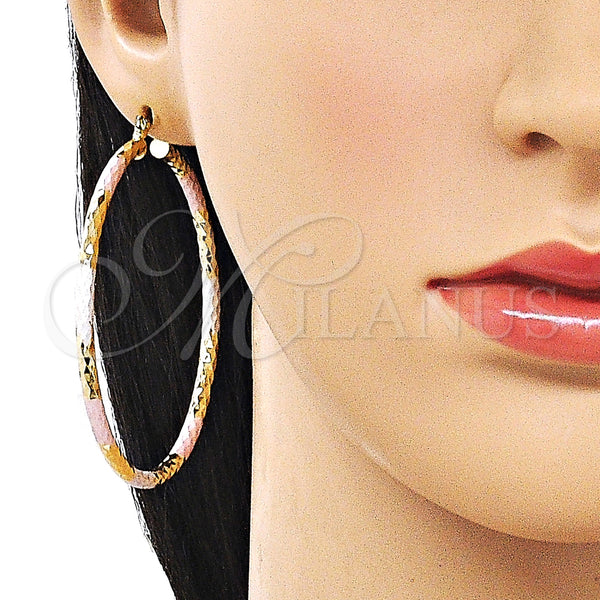 Gold Filled Hoop Earrings — Large Hoop Hollow Design Diamond Cutting Tricolor 02. — alternate product view — SKU 163217 | Oro Laminado aretes de aro — Large Hoop Hollow diseño Diamond Cutting Tricolor 02. — SKU 163217