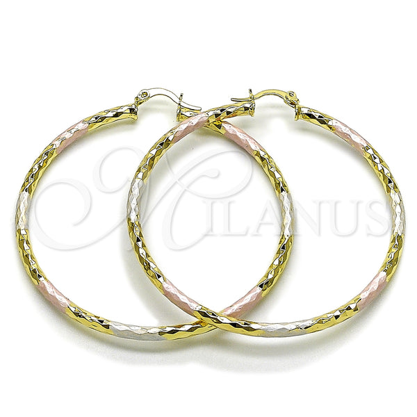 Gold Filled Hoop Earrings — Large Hoop Hollow Design Diamond Cutting Tricolor 02. — main product view — SKU 163217 | Oro Laminado aretes de aro — Large Hoop Hollow diseño Diamond Cutting Tricolor 02. — SKU 163217