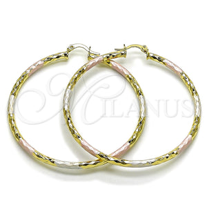 Gold Filled Hoop Earrings — Large Hoop Hollow Design Diamond Cutting Tricolor 02. — main product view — SKU 163217 | Oro Laminado aretes de aro — Large Hoop Hollow diseño Diamond Cutting Tricolor 02. — SKU 163217