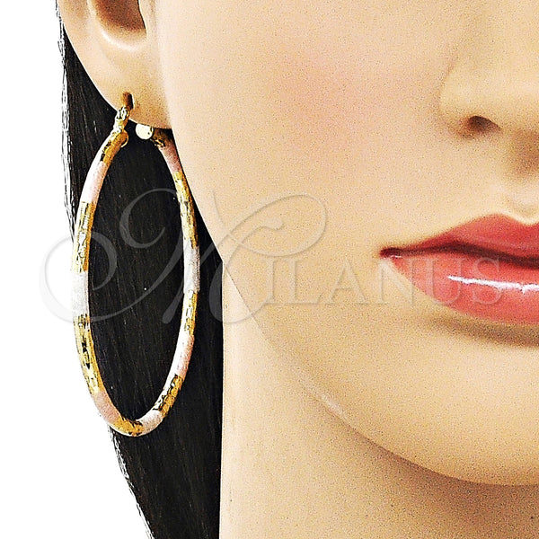 Gold Filled Hoop Earrings — Large Hoop Hollow Design Diamond Cutting Tricolor 02. — alternate product view — SKU 163218 | Oro Laminado aretes de aro — Large Hoop Hollow diseño Diamond Cutting Tricolor 02. — SKU 163218