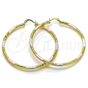 Gold Filled Hoop Earrings — Large Hoop Hollow Design Diamond Cutting Tricolor 02. — main product view — SKU 163218 | Oro Laminado aretes de aro — Large Hoop Hollow diseño Diamond Cutting Tricolor 02. — SKU 163218