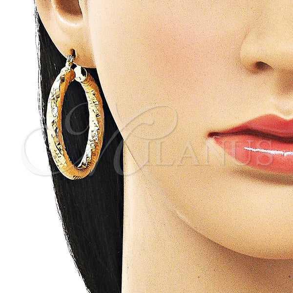 Gold Filled Hoop Earrings — Medium Hoop Hollow Design Diamond Cutting 02. — alternate product view — SKU 163221 | Oro Laminado aretes de aro — Medium Hoop Hollow diseño Diamond Cutting 02. — SKU 163221