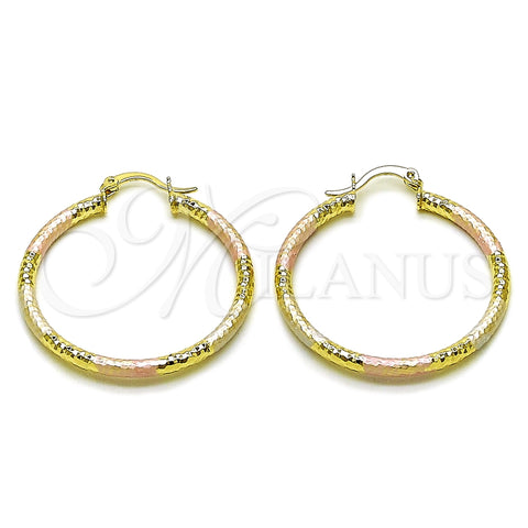 Oro Laminado Medium Hoop, Gold Filled Style Hollow Design, Diamond Cutting Finish, Tricolor, 02.213.0246.40
