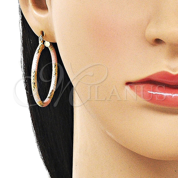Gold Filled Hoop Earrings — Medium Hoop Hollow Design Diamond Cutting Tricolor 02. — alternate product view — SKU 163222 | Oro Laminado aretes de aro — Medium Hoop Hollow diseño Diamond Cutting Tricolor 02. — SKU 163222