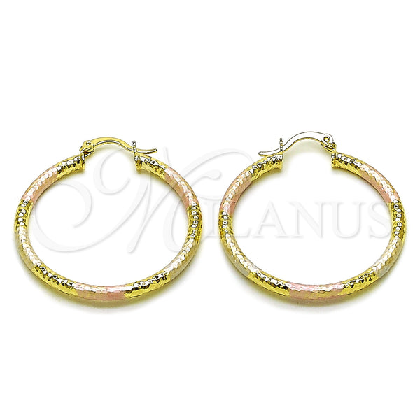 Gold Filled Hoop Earrings — Medium Hoop Hollow Design Diamond Cutting Tricolor 02. — main product view — SKU 163222 | Oro Laminado aretes de aro — Medium Hoop Hollow diseño Diamond Cutting Tricolor 02. — SKU 163222