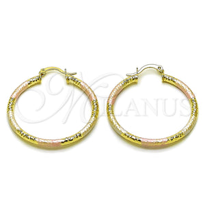 Gold Filled Hoop Earrings — Medium Hoop Hollow Design Diamond Cutting Tricolor 02. — main product view — SKU 163222 | Oro Laminado aretes de aro — Medium Hoop Hollow diseño Diamond Cutting Tricolor 02. — SKU 163222