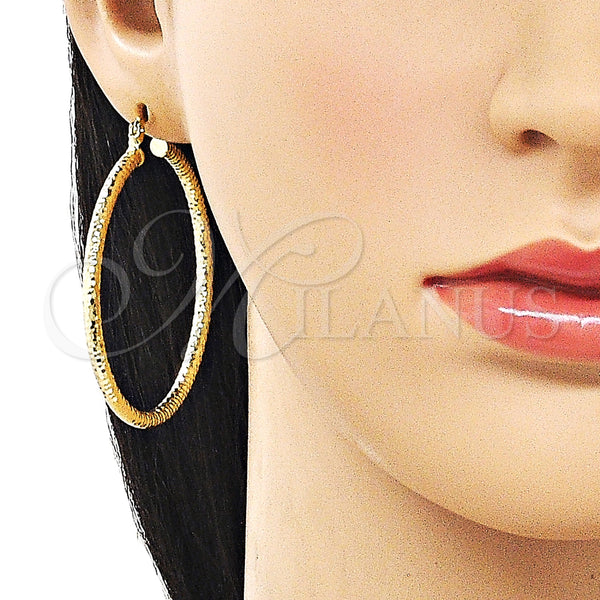 Gold Filled Hoop Earrings — Medium Hoop Hollow Design Diamond Cutting 02. — alternate product view — SKU 163223 | Oro Laminado aretes de aro — Medium Hoop Hollow diseño Diamond Cutting 02. — SKU 163223