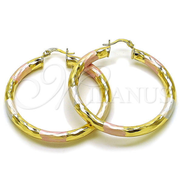 Gold Filled Hoop Earrings — Large Hoop Hollow Design Diamond Cutting Tricolor 02. — main product view — SKU 163224 | Oro Laminado aretes de aro — Large Hoop Hollow diseño Diamond Cutting Tricolor 02. — SKU 163224