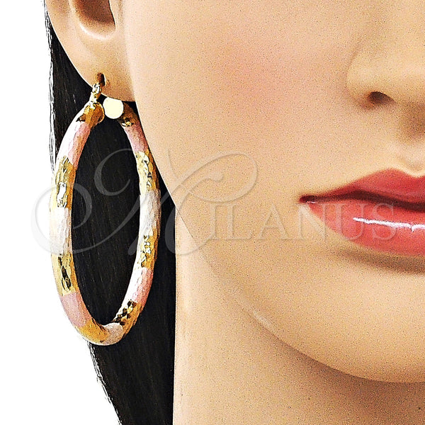 Gold Filled Hoop Earrings — Large Hoop Hollow Design Diamond Cutting Tricolor 02. — alternate product view — SKU 163225 | Oro Laminado aretes de aro — Large Hoop Hollow diseño Diamond Cutting Tricolor 02. — SKU 163225