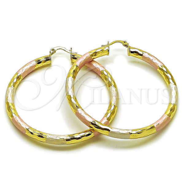 Gold Filled Hoop Earrings — Large Hoop Hollow Design Diamond Cutting Tricolor 02. — main product view — SKU 163225 | Oro Laminado aretes de aro — Large Hoop Hollow diseño Diamond Cutting Tricolor 02. — SKU 163225