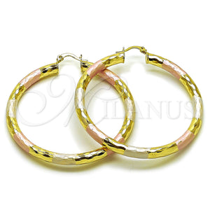 Gold Filled Hoop Earrings — Large Hoop Hollow Design Diamond Cutting Tricolor 02. — main product view — SKU 163225 | Oro Laminado aretes de aro — Large Hoop Hollow diseño Diamond Cutting Tricolor 02. — SKU 163225