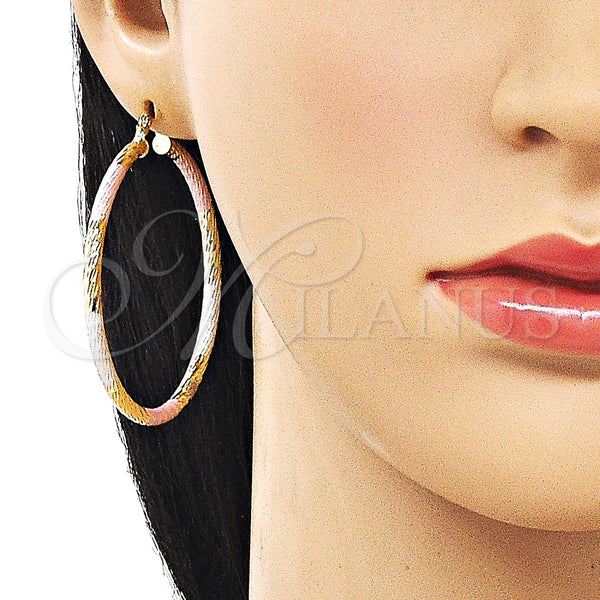 Gold Filled Hoop Earrings — Large Hoop Hollow Design Diamond Cutting Tricolor 02. — alternate product view — SKU 163229 | Oro Laminado aretes de aro — Large Hoop Hollow diseño Diamond Cutting Tricolor 02. — SKU 163229