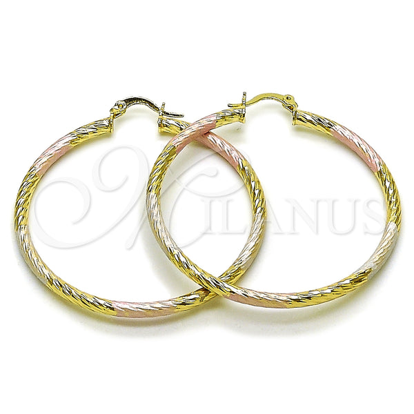 Gold Filled Hoop Earrings — Large Hoop Hollow Design Diamond Cutting Tricolor 02. — main product view — SKU 163229 | Oro Laminado aretes de aro — Large Hoop Hollow diseño Diamond Cutting Tricolor 02. — SKU 163229