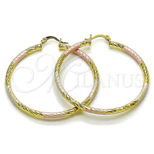 Gold Filled Hoop Earrings — Large Hoop Hollow Design Diamond Cutting Tricolor 02. — main product view — SKU 163229 | Oro Laminado aretes de aro — Large Hoop Hollow diseño Diamond Cutting Tricolor 02. — SKU 163229