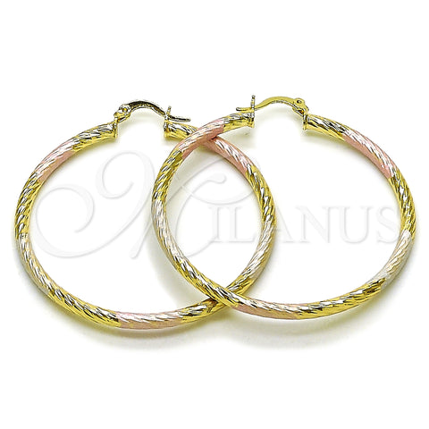 Oro Laminado Large Hoop, Gold Filled Style Hollow Design, Diamond Cutting Finish, Tricolor, 02.213.0247.50