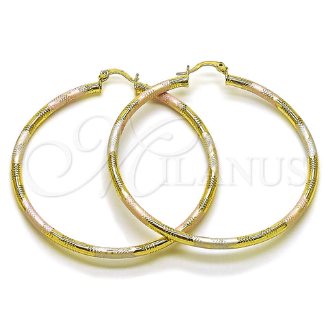 Oro Laminado Large Hoop, Gold Filled Style Hollow Design, Diamond Cutting Finish, Tricolor, 02.213.0153.1.60