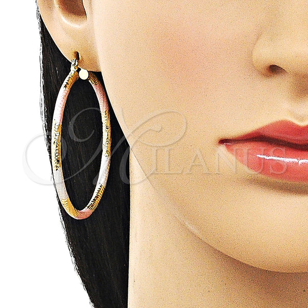 Gold Filled Hoop Earrings — Large Hoop Hollow Design Diamond Cutting Tricolor 02. — alternate product view — SKU 163231 | Oro Laminado aretes de aro — Large Hoop Hollow diseño Diamond Cutting Tricolor 02. — SKU 163231