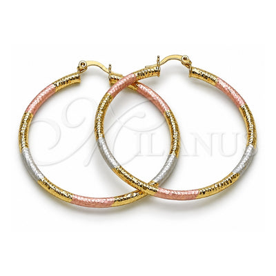 Oro Laminado Large Hoop, Gold Filled Style Hollow Design, Diamond Cutting Finish, Tricolor, 02.213.0259.50