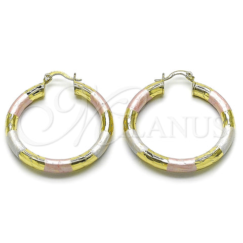 Oro Laminado Medium Hoop, Gold Filled Style Hollow Design, Diamond Cutting Finish, Tricolor, 02.213.0908.40