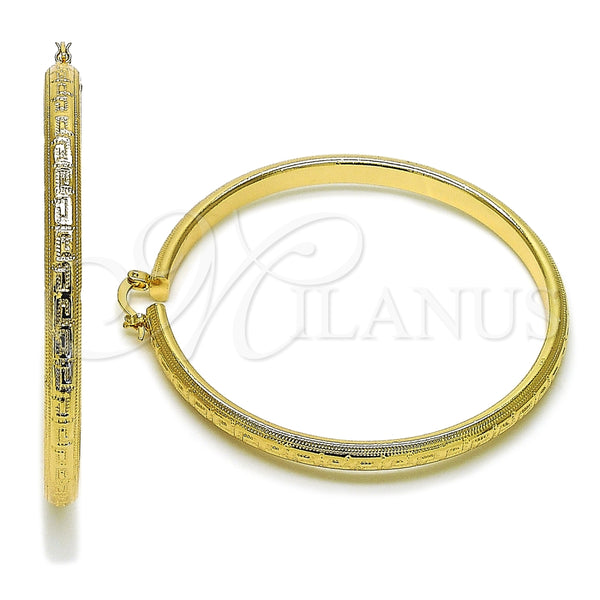 Oro Laminado Extra Large Hoop, Gold Filled Style Greek Key and Hollow Design, Polished, Golden Finish, 02.170.0588.70