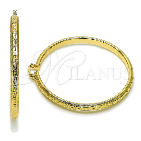 Oro Laminado Extra Large Hoop, Gold Filled Style Greek Key and Hollow Design, Polished, Golden Finish, 02.170.0588.70