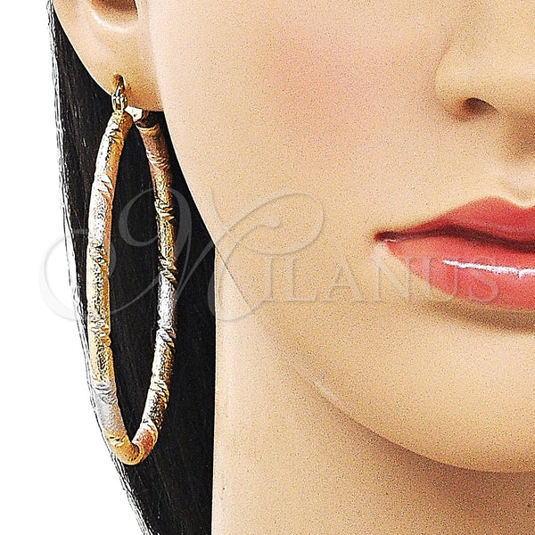 Gold Filled Hoop Earrings — Extra Large Hoop Hollow Design Matte Tricolor 02. — alternate product view — SKU 163251 | Oro Laminado aretes de aro — Extra Large Hoop Hollow diseño Matte Tricolor 02. — SKU 163251