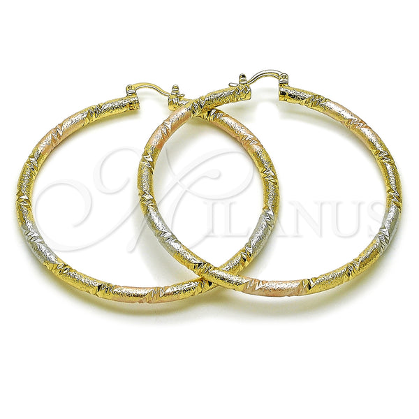 Gold Filled Hoop Earrings — Extra Large Hoop Hollow Design Matte Tricolor 02. — main product view — SKU 163251 | Oro Laminado aretes de aro — Extra Large Hoop Hollow diseño Matte Tricolor 02. — SKU 163251
