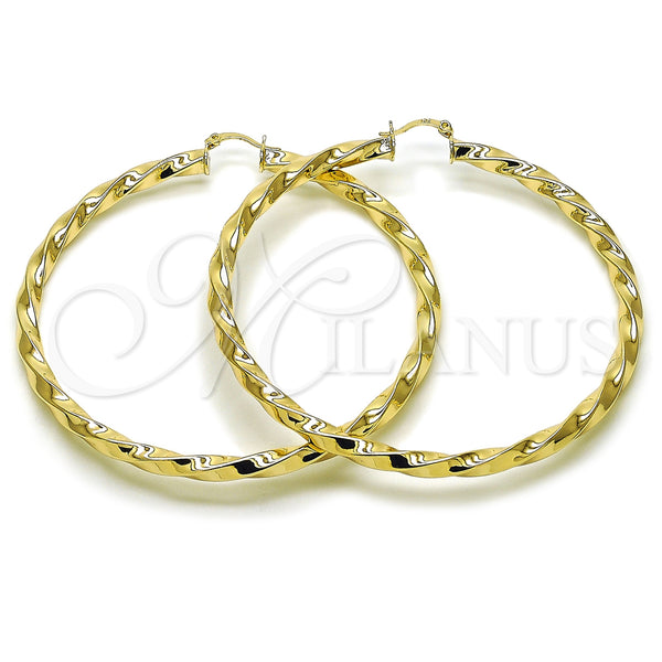 Oro Laminado Extra Large Hoop, Gold Filled Style Twist and Hollow Design, Polished, Golden Finish, 02.170.0042.80