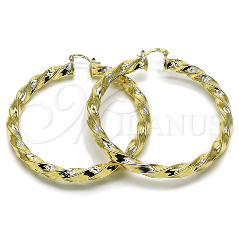 Oro Laminado Extra Large Hoop, Gold Filled Style Twist and Hollow Design, Diamond Cutting Finish, Golden Finish, 02.170.0590.70