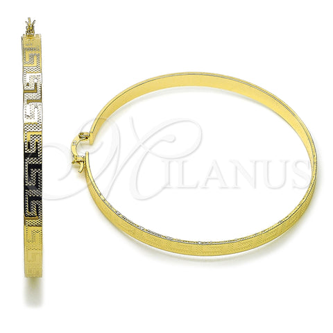 Oro Laminado Extra Large Hoop, Gold Filled Style Greek Key Design, Diamond Cutting Finish, Golden Finish, 02.170.0400.70
