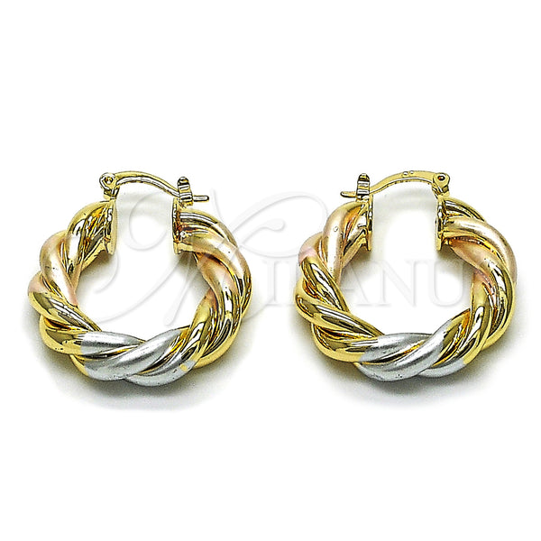 Oro Laminado Medium Hoop, Gold Filled Style Twist and Hollow Design, Diamond Cutting Finish, Tricolor, 02.170.0601.30