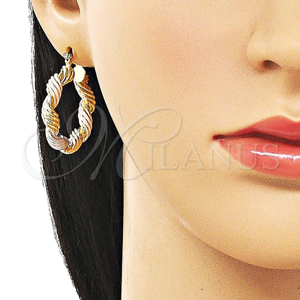 Gold Filled Hoop Earrings — Medium Hoop Twist and Hollow Design Polished Tricolor — alternate product view — SKU 163283 | Oro Laminado aretes de aro — Medium Hoop Twist and Hollow diseño pulido Tricolor — SKU 163283