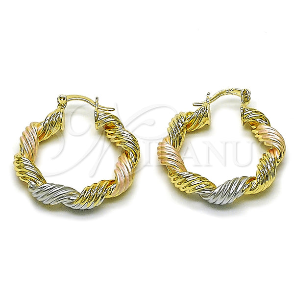 Gold Filled Hoop Earrings — Medium Hoop Twist and Hollow Design Polished Tricolor — main product view — SKU 163283 | Oro Laminado aretes de aro — Medium Hoop Twist and Hollow diseño pulido Tricolor — SKU 163283