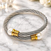 Stainless Steel Individual Bangle, Twist and Ball Design, with Ivory Pearl, Polished, Two Tone, 07.138.0021.1 (Thickness, One size fits all)