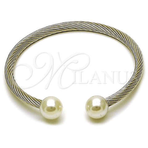 Stainless Steel Individual Bangle, Twist and Ball Design, with Ivory Pearl, Polished, Steel Finish, 07.138.0022 (04 MM Thickness, One size fits all)