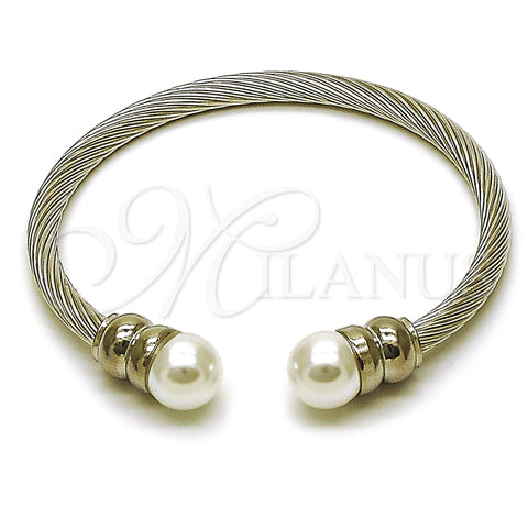 Stainless Steel Individual Bangle, Twist and Ball Design, with Ivory Pearl, Polished, Steel Finish, 07.138.0016.2 (04 MM Thickness, One size fits all)