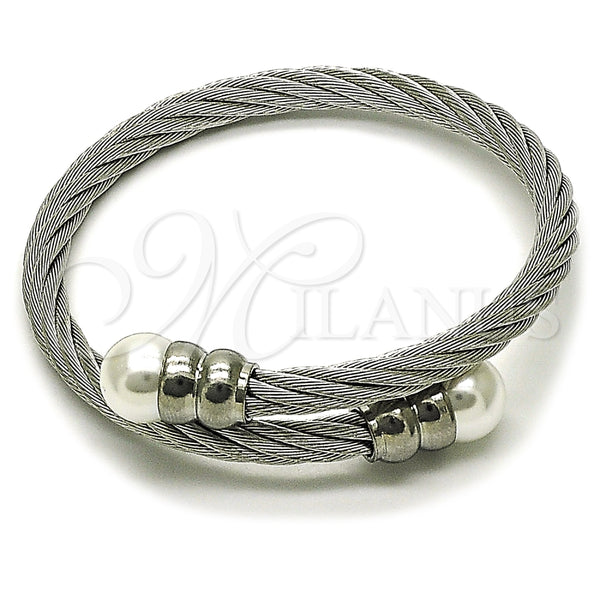 Stainless Steel Individual Bangle, Twist and Ball Design, with Ivory Pearl, Polished, Steel Finish, 07.138.0024 (Thickness, One size fits all)