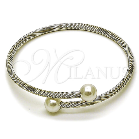 Stainless Steel Individual Bangle, Ball and Twist Design, with Ivory Pearl, Polished, Steel Finish, 07.138.0028 (03 MM Thickness, One size fits all)