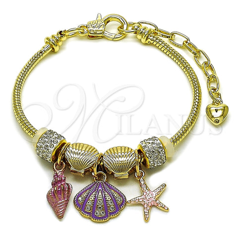 Oro Laminado Charm Bracelet, Gold Filled Style Shell and Star Design, with White Crystal, Pink Enamel Finish, Golden Finish, 03.442.0002.07