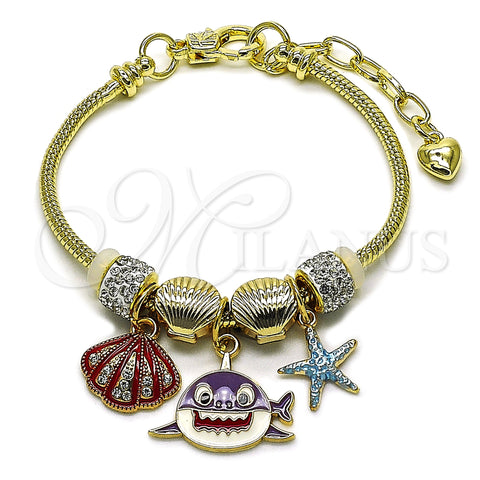 Oro Laminado Charm Bracelet, Gold Filled Style Shell and Star Design, with White Crystal, Red Enamel Finish, Golden Finish, 03.442.0003.07 (Thickness, 7 Inches Length)