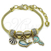 Oro Laminado Charm Bracelet, Gold Filled Style Shell and Dolphin Design, with White Crystal, Turquoise Enamel Finish, Golden Finish, 03.442.0004.07 (Thickness, 7 Inches Length)