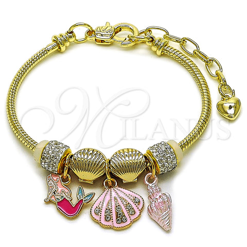 Oro Laminado Charm Bracelet, Gold Filled Style Shell and Little Girl Design, with White Crystal, Pink Enamel Finish, Golden Finish, 03.442.0005.07 (Thickness, 7 Inches Length)