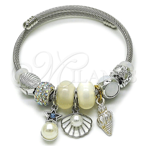 Stainless Steel Individual Bangle, Shell and Star Design, with Aurore Boreale Crystal and Ivory Pearl, White Enamel Finish, Steel Finish, 07.442.0001 (03 MM Thickness, One size fits all)