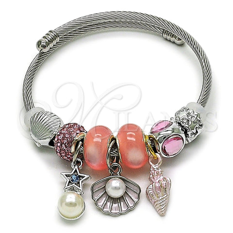 Stainless Steel Individual Bangle, Shell and Star Design, with Ivory Pearl and Pink Crystal, Pink Enamel Finish, Steel Finish, 07.442.0001.1