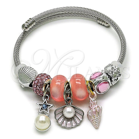 Stainless Steel Individual Bangle, Shell and Star Design, with Ivory Pearl and Pink Crystal, Pink Enamel Finish, Steel Finish, 07.442.0001.1 (03 MM Thickness, One size fits all)