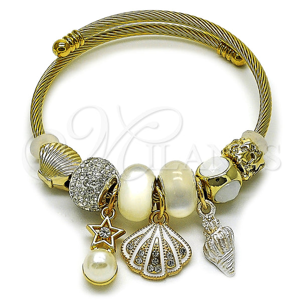 Stainless Steel Individual Bangle, Shell and Star Design, with White Crystal and Ivory Pearl, White Enamel Finish, Golden Finish, 07.442.0001.2 (03 MM Thickness, One size fits all)