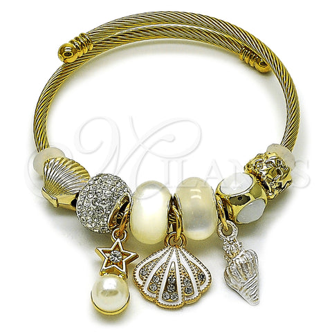 Stainless Steel Individual Bangle, Shell and Star Design, with White Crystal and Ivory Pearl, White Enamel Finish, Golden Finish, 07.442.0001.2 (03 MM Thickness, One size fits all)