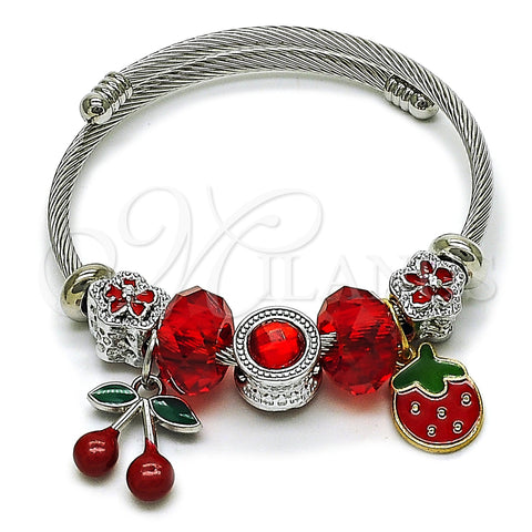 Stainless Steel Individual Bangle, Cherry and Strawberry Design, with Garnet Crystal, Red Enamel Finish, Steel Finish, 07.442.0002